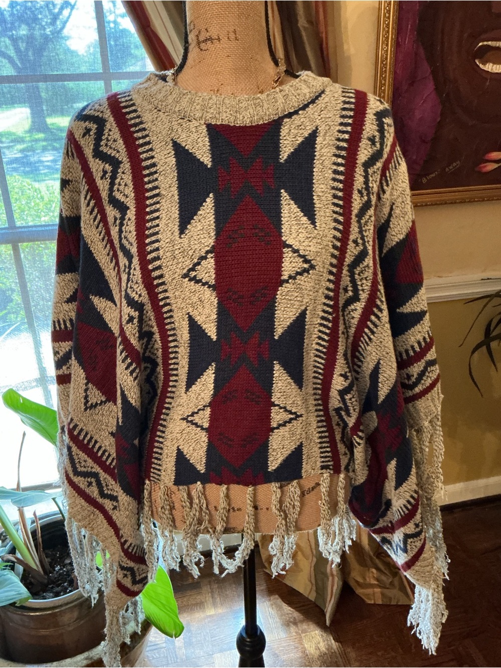Aztec Fringe Crewneck Sweater - Beige, Navy & Burgundy